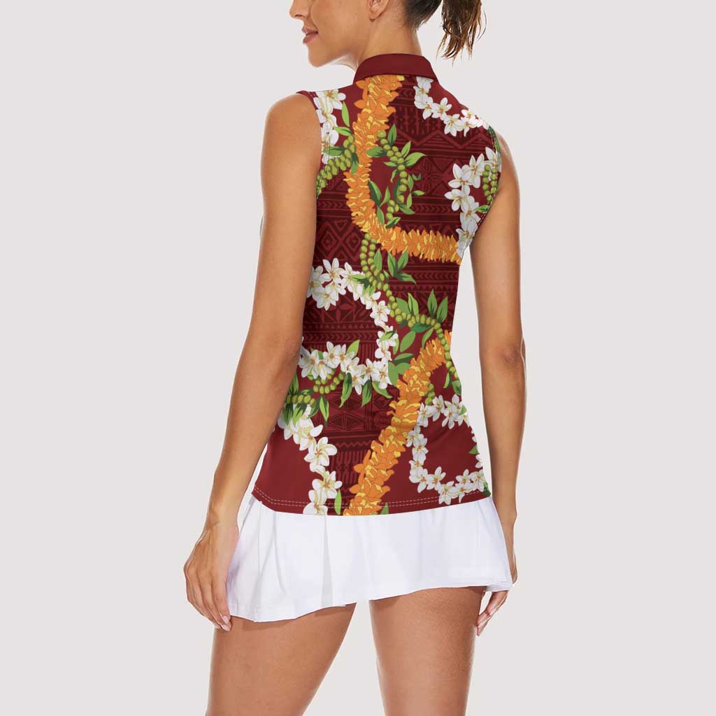 Aloha Festive Hawaii Women Sleeveless Polo Shirt Mokihana - Maile and Ilima on Crimson - Polynesian Pride