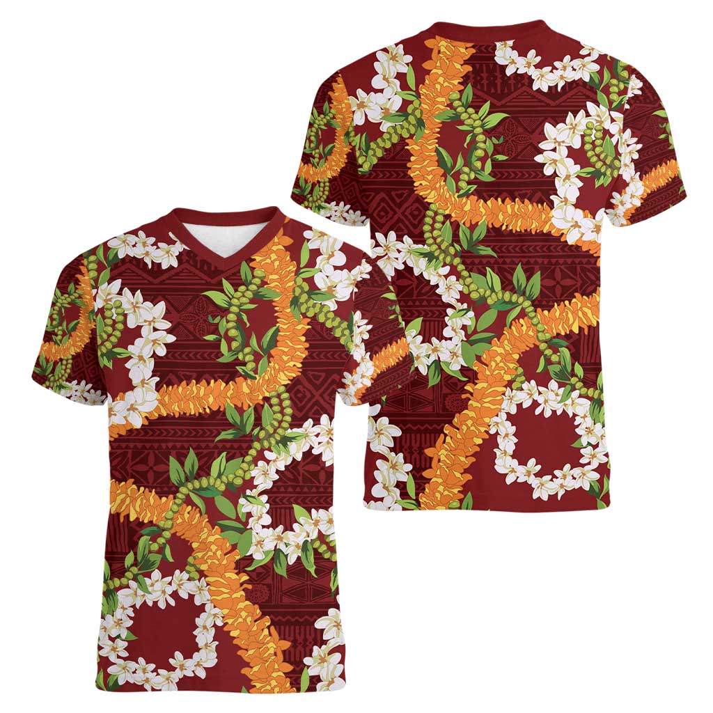 Aloha Festive Hawaii Women V-Neck T-Shirt Mokihana - Maile and Ilima on Crimson - Polynesian Pride