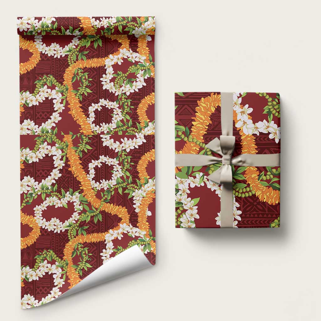 Aloha Festive Hawaii Wrapping Paper Mokihana - Maile and Ilima on Crimson LT7 58" × 23" Crimson - Polynesian Pride