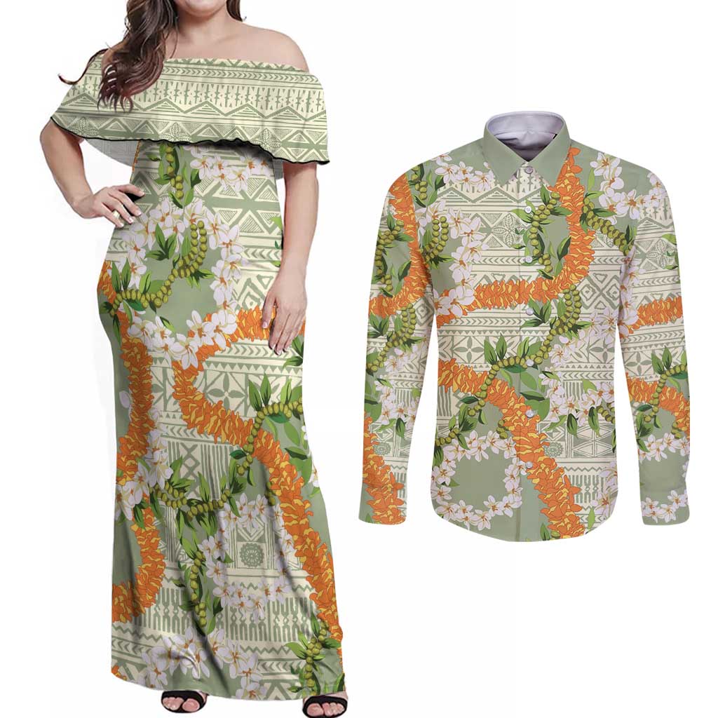 Aloha Festive Hawaii Couples Matching Off Shoulder Maxi Dress and Long Sleeve Button Shirt Mokihana - Maile Leis in Muted Summer - Polynesian Pride