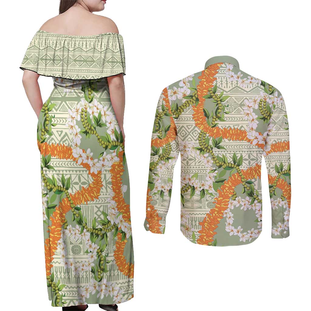 Aloha Festive Hawaii Couples Matching Off Shoulder Maxi Dress and Long Sleeve Button Shirt Mokihana - Maile Leis in Muted Summer - Polynesian Pride