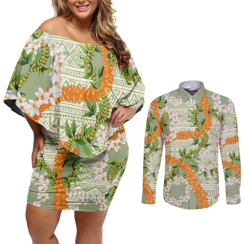 Aloha Festive Hawaii Couples Matching Off Shoulder Short Dress and Long Sleeve Button Shirt Mokihana - Maile Leis in Muted Summer - Polynesian Pride
