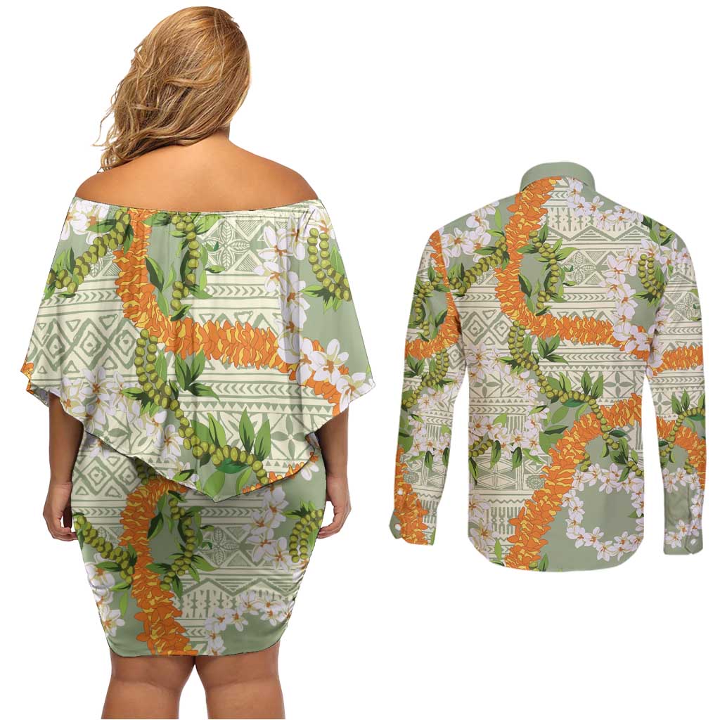 Aloha Festive Hawaii Couples Matching Off Shoulder Short Dress and Long Sleeve Button Shirt Mokihana - Maile Leis in Muted Summer - Polynesian Pride