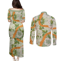 Aloha Festive Hawaii Couples Matching Puletasi and Long Sleeve Button Shirt Mokihana - Maile Leis in Muted Summer - Polynesian Pride