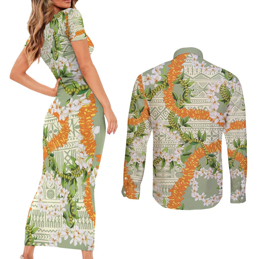 Aloha Festive Hawaii Couples Matching Short Sleeve Bodycon Dress and Long Sleeve Button Shirt Mokihana - Maile Leis in Muted Summer - Polynesian Pride