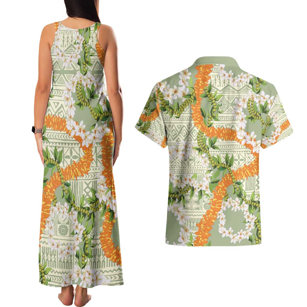 Aloha Festive Hawaii Couples Matching Tank Maxi Dress and Hawaiian Shirt Mokihana - Maile Leis in Muted Summer - Polynesian Pride