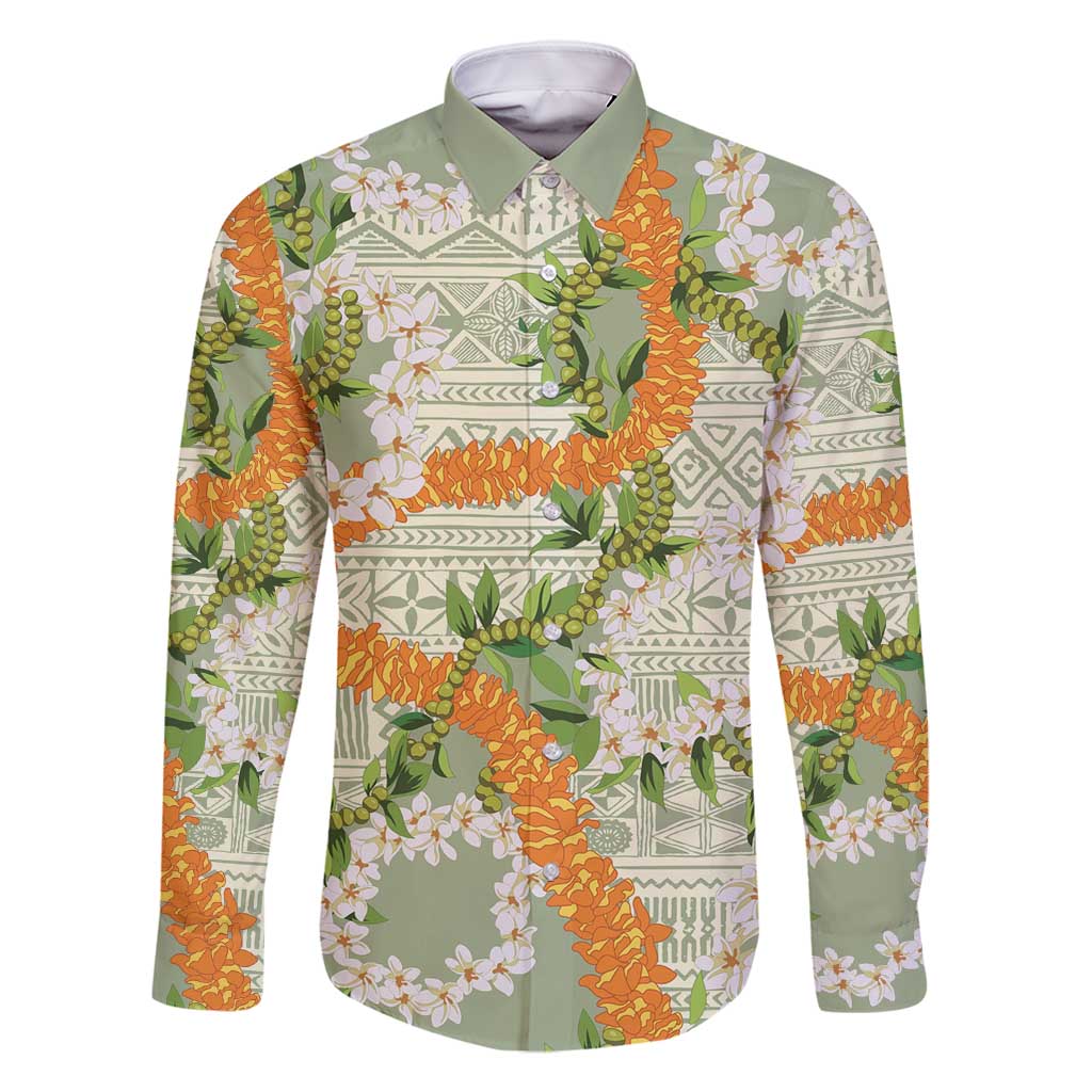Aloha Festive Hawaii Family Matching Long Sleeve Bodycon Dress and Hawaiian Shirt Mokihana - Maile Leis in Muted Summer - Polynesian Pride