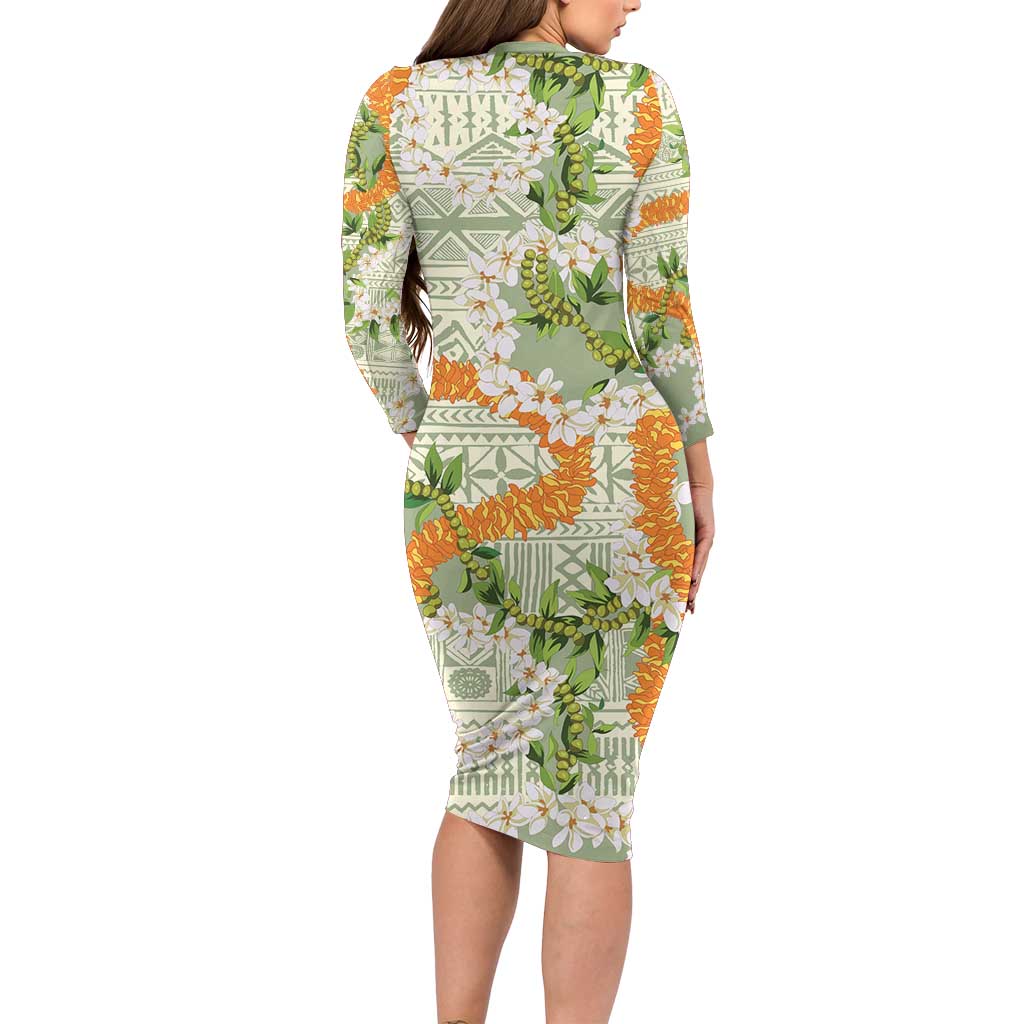 Aloha Festive Hawaii Family Matching Long Sleeve Bodycon Dress and Hawaiian Shirt Mokihana - Maile Leis in Muted Summer - Polynesian Pride
