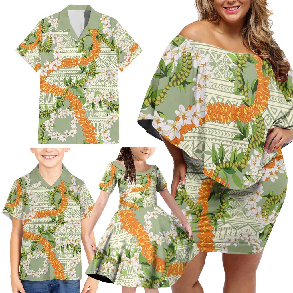 Aloha Festive Hawaii Family Matching Off Shoulder Short Dress and Hawaiian Shirt Mokihana - Maile Leis in Muted Summer - Polynesian Pride