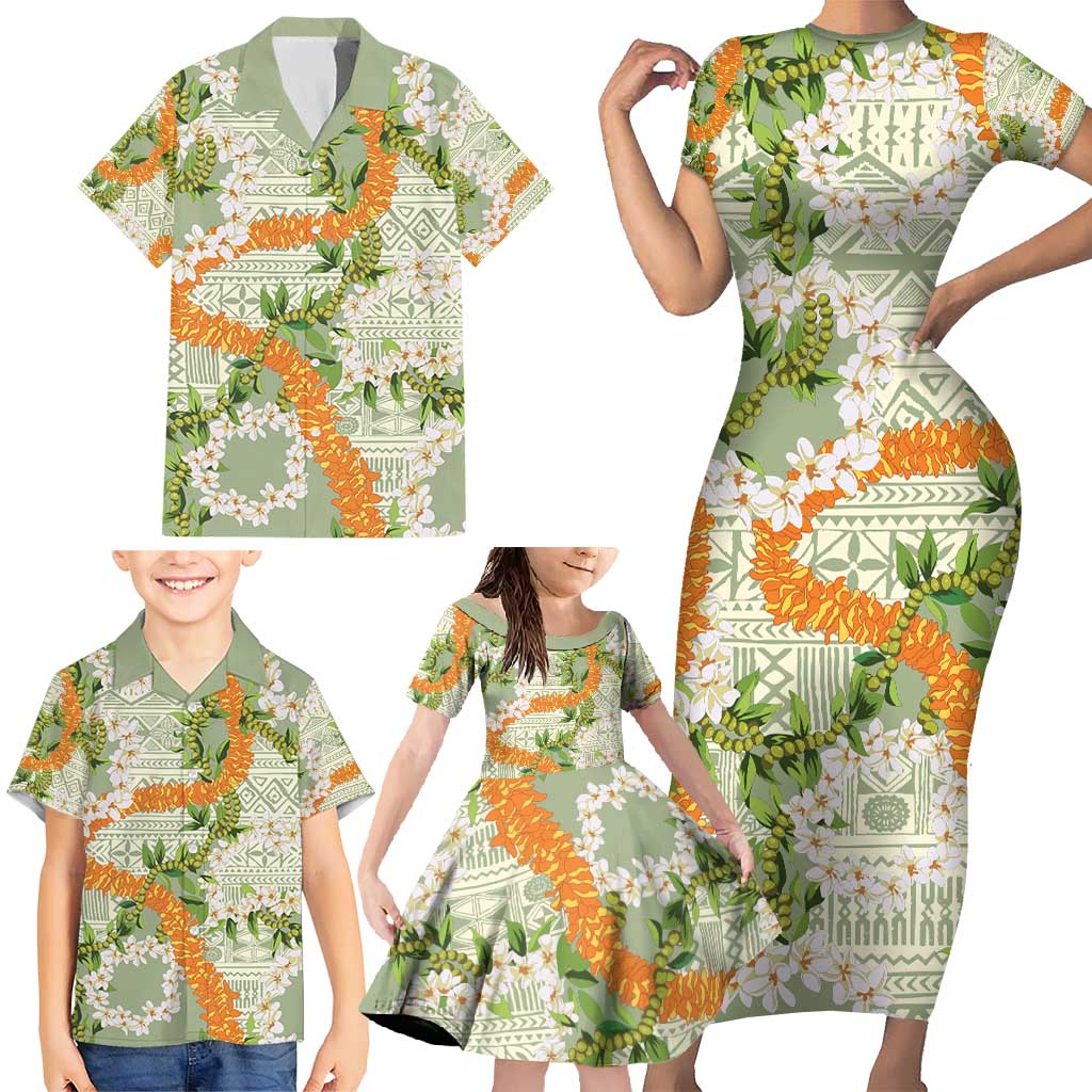 Aloha Festive Hawaii Family Matching Short Sleeve Bodycon Dress and Hawaiian Shirt Mokihana - Maile Leis in Muted Summer - Polynesian Pride