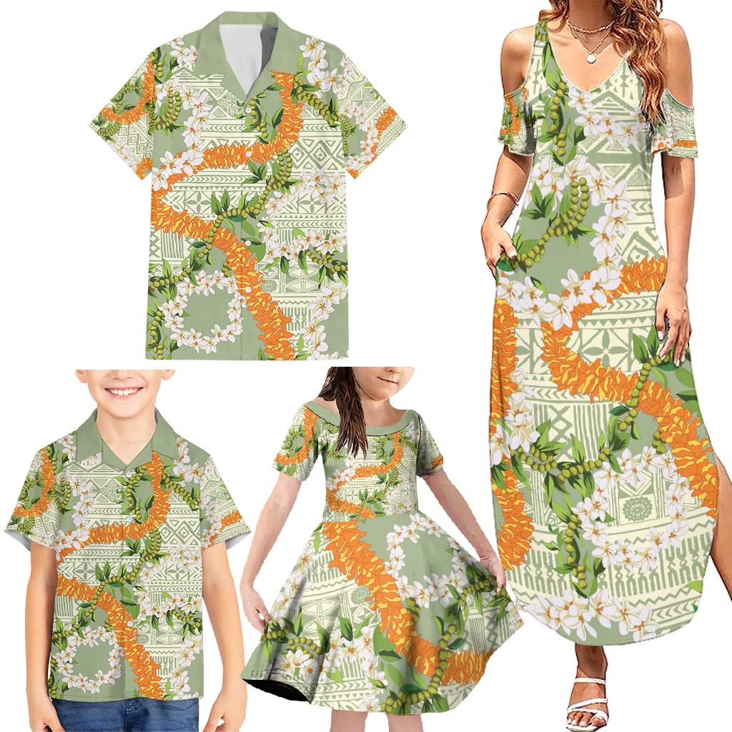 Aloha Festive Hawaii Family Matching Summer Maxi Dress and Hawaiian Shirt Mokihana - Maile Leis in Muted Summer - Polynesian Pride