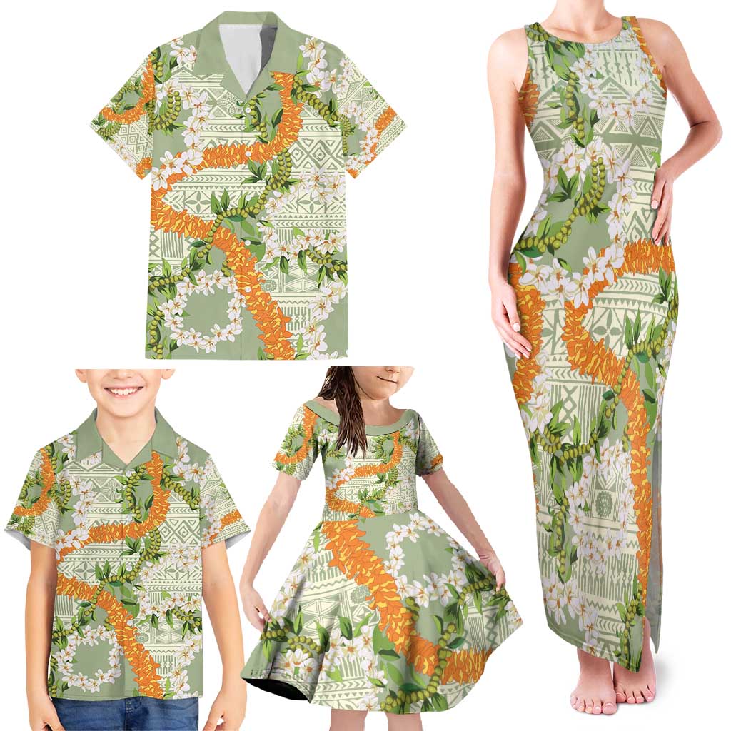 Aloha Festive Hawaii Family Matching Tank Maxi Dress and Hawaiian Shirt Mokihana - Maile Leis in Muted Summer - Polynesian Pride