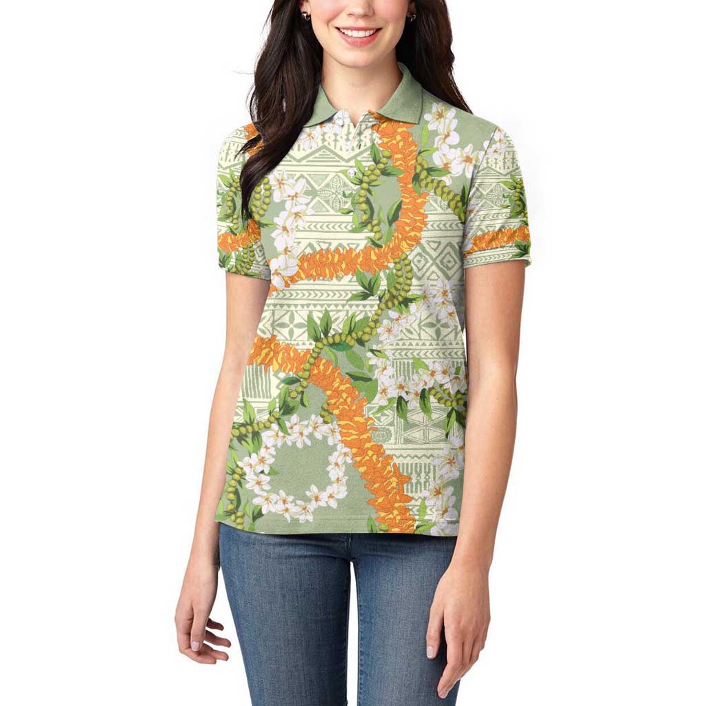 Aloha Festive Hawaii Women Polo Shirt Mokihana - Maile Leis in Muted Summer - Polynesian Pride