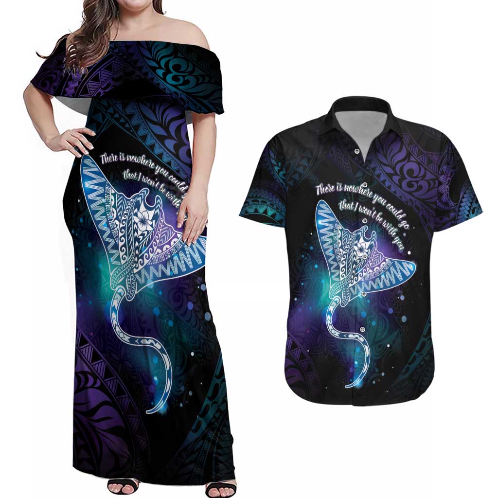 Polynesian Tala Manta Ray Couples Matching Off Shoulder Maxi Dress and Hawaiian Shirt Nowhere You Could Go That I Won't Be With You LT7 Purple Teal - Polynesian Pride