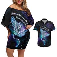 Polynesian Tala Manta Ray Couples Matching Off Shoulder Short Dress and Hawaiian Shirt Nowhere You Could Go That I Won't Be With You LT7 Purple Teal - Polynesian Pride
