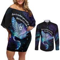 Polynesian Tala Manta Ray Couples Matching Off Shoulder Short Dress and Long Sleeve Button Shirt Nowhere You Could Go That I Won't Be With You LT7 Purple Teal - Polynesian Pride