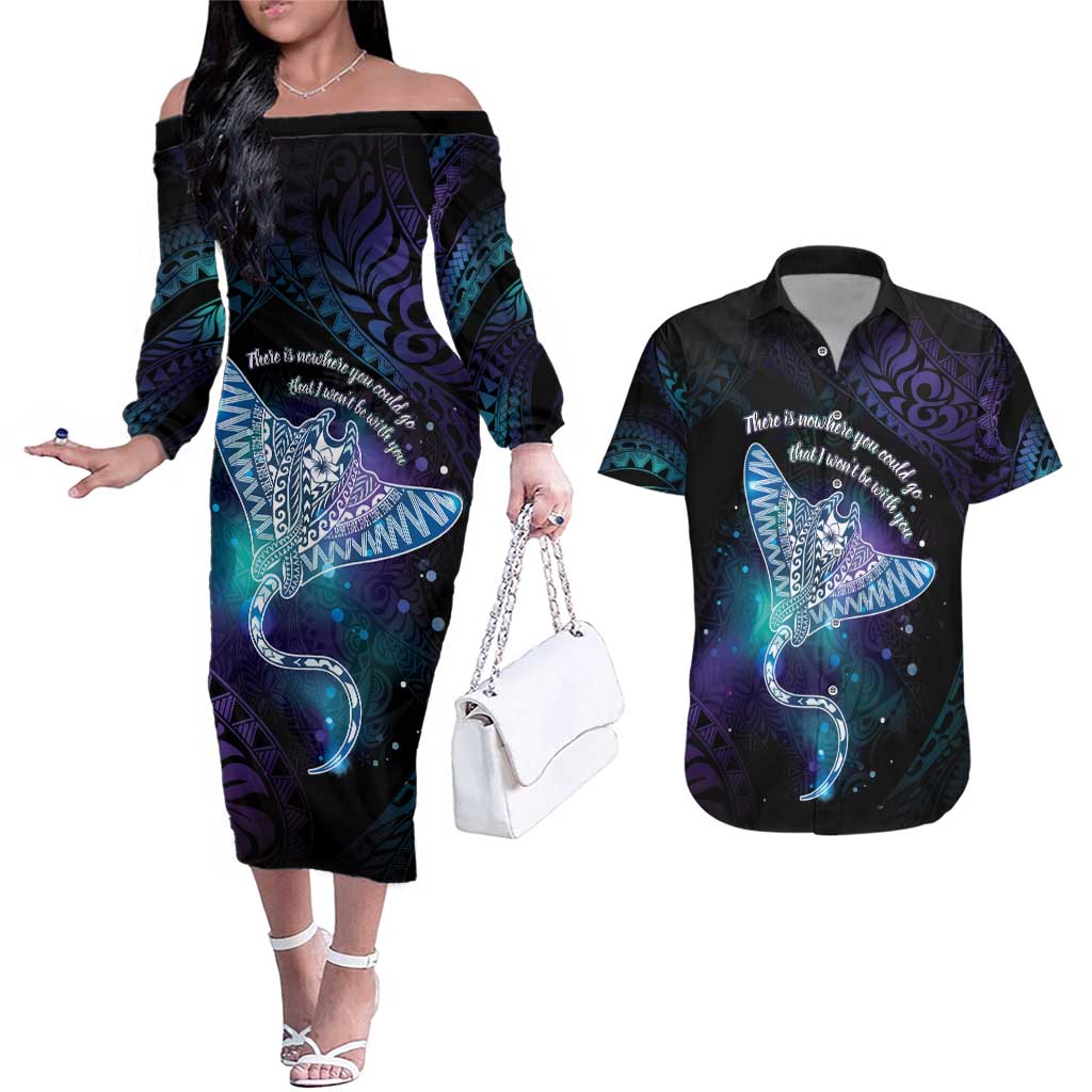 Polynesian Tala Manta Ray Couples Matching Off The Shoulder Long Sleeve Dress and Hawaiian Shirt Nowhere You Could Go That I Won't Be With You - Polynesian Pride