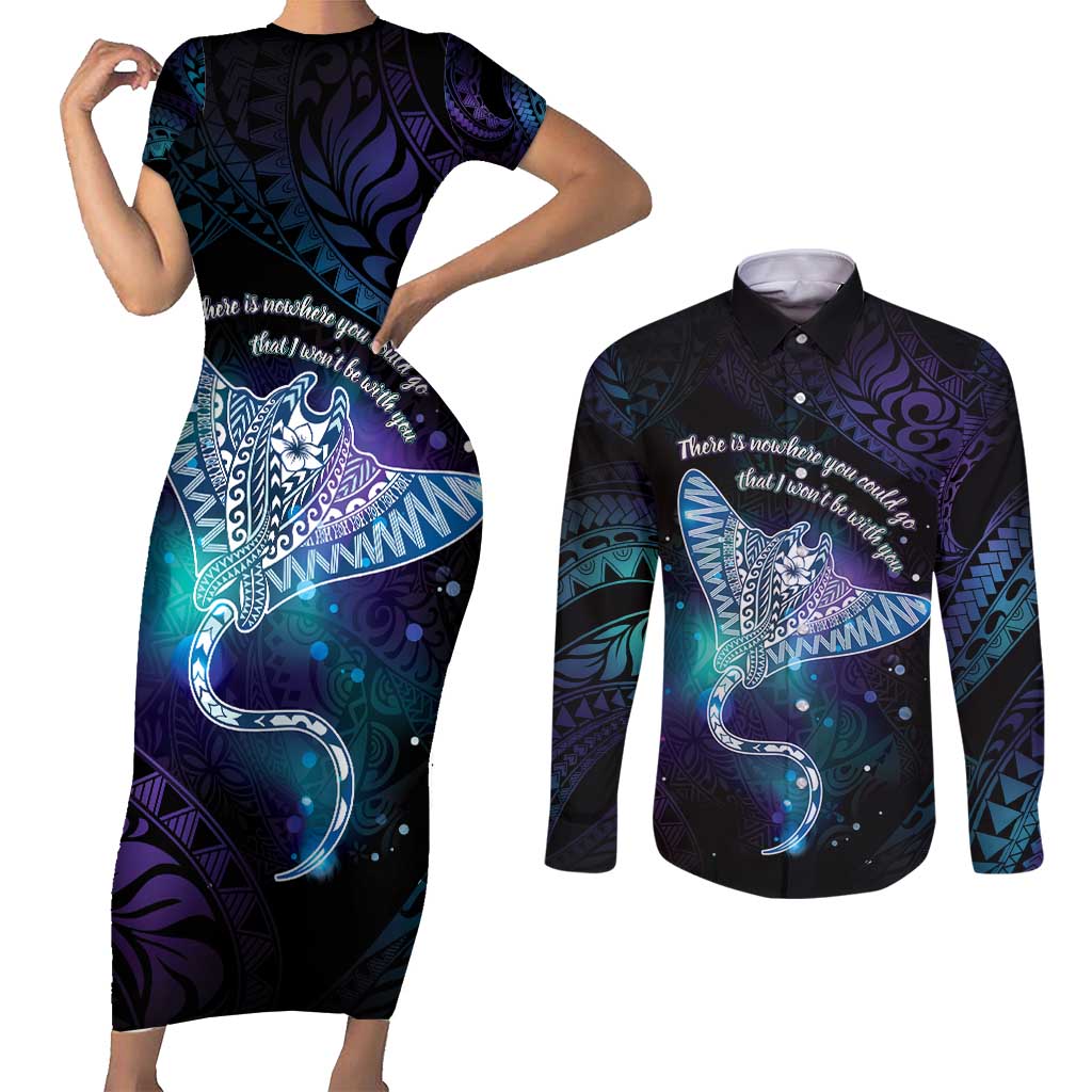 Polynesian Tala Manta Ray Couples Matching Short Sleeve Bodycon Dress and Long Sleeve Button Shirt Nowhere You Could Go That I Won't Be With You LT7 Purple Teal - Polynesian Pride
