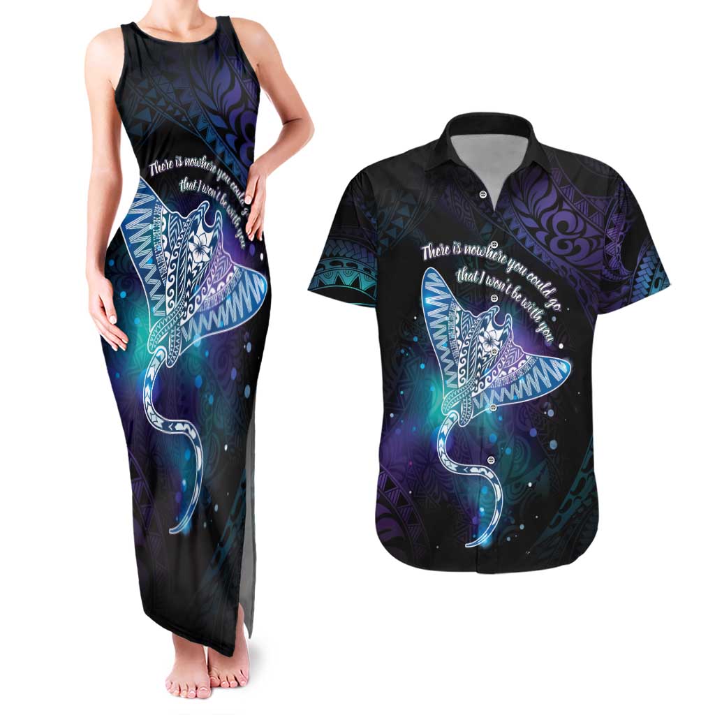 Polynesian Tala Manta Ray Couples Matching Tank Maxi Dress and Hawaiian Shirt Nowhere You Could Go That I Won't Be With You LT7 Purple Teal - Polynesian Pride