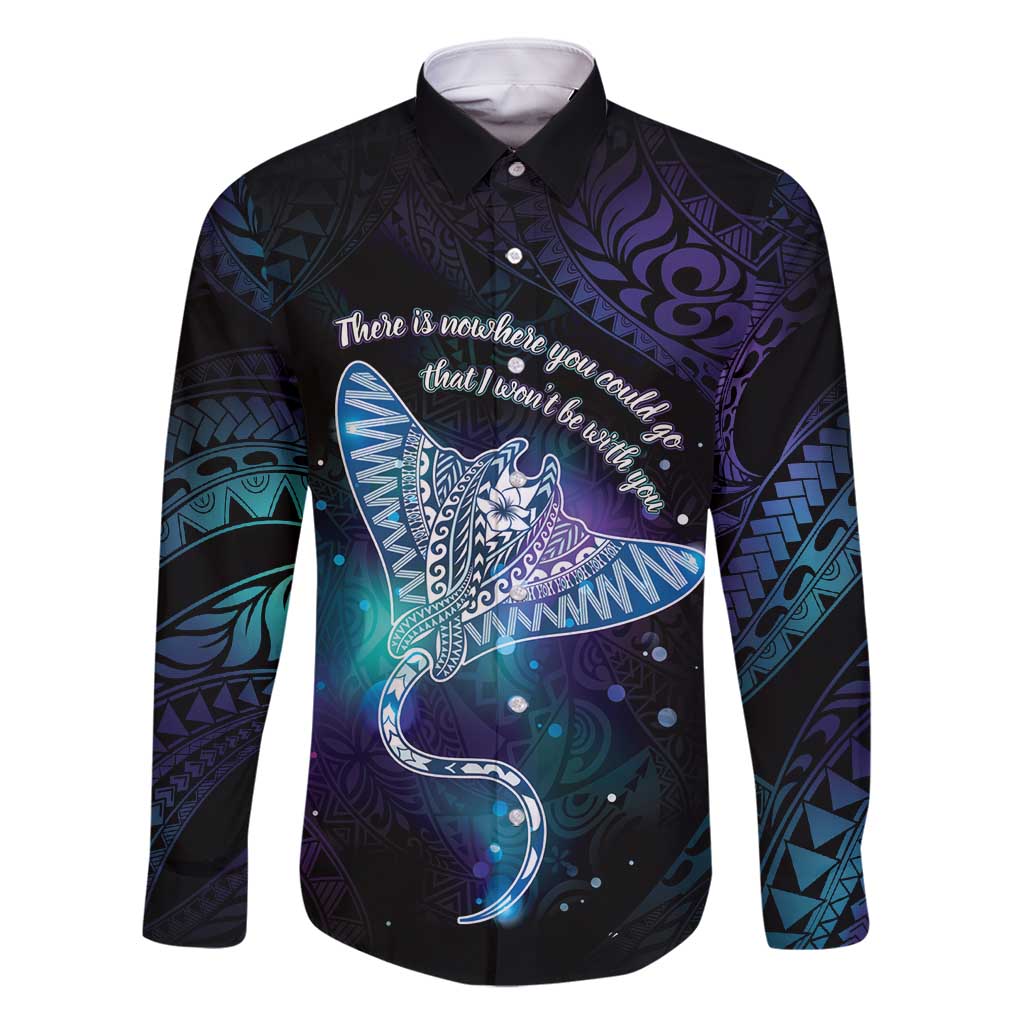 Polynesian Tala Manta Ray Family Matching Long Sleeve Bodycon Dress and Hawaiian Shirt Nowhere You Could Go That I Won't Be With You LT7 Dad's Shirt - Long Sleeve Purple Teal - Polynesian Pride
