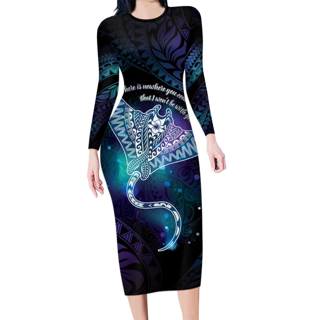 Polynesian Tala Manta Ray Family Matching Long Sleeve Bodycon Dress and Hawaiian Shirt Nowhere You Could Go That I Won't Be With You LT7 Mom's Dress Purple Teal - Polynesian Pride