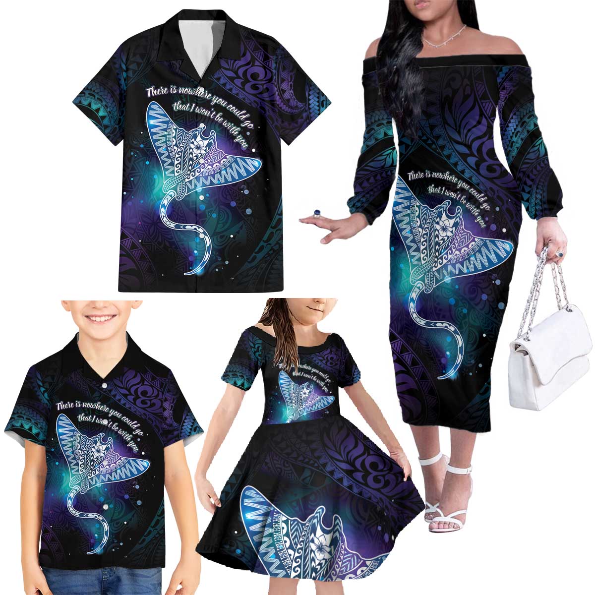 Polynesian Tala Manta Ray Family Matching Off The Shoulder Long Sleeve Dress and Hawaiian Shirt Nowhere You Could Go That I Won't Be With You - Polynesian Pride