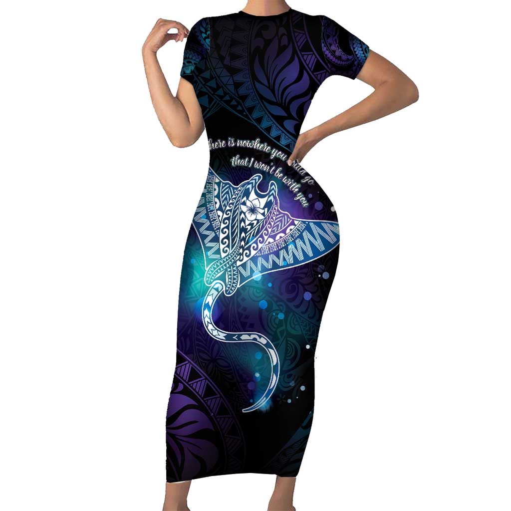 Polynesian Tala Manta Ray Family Matching Short Sleeve Bodycon Dress and Hawaiian Shirt Nowhere You Could Go That I Won't Be With You LT7 Mom's Dress Purple Teal - Polynesian Pride