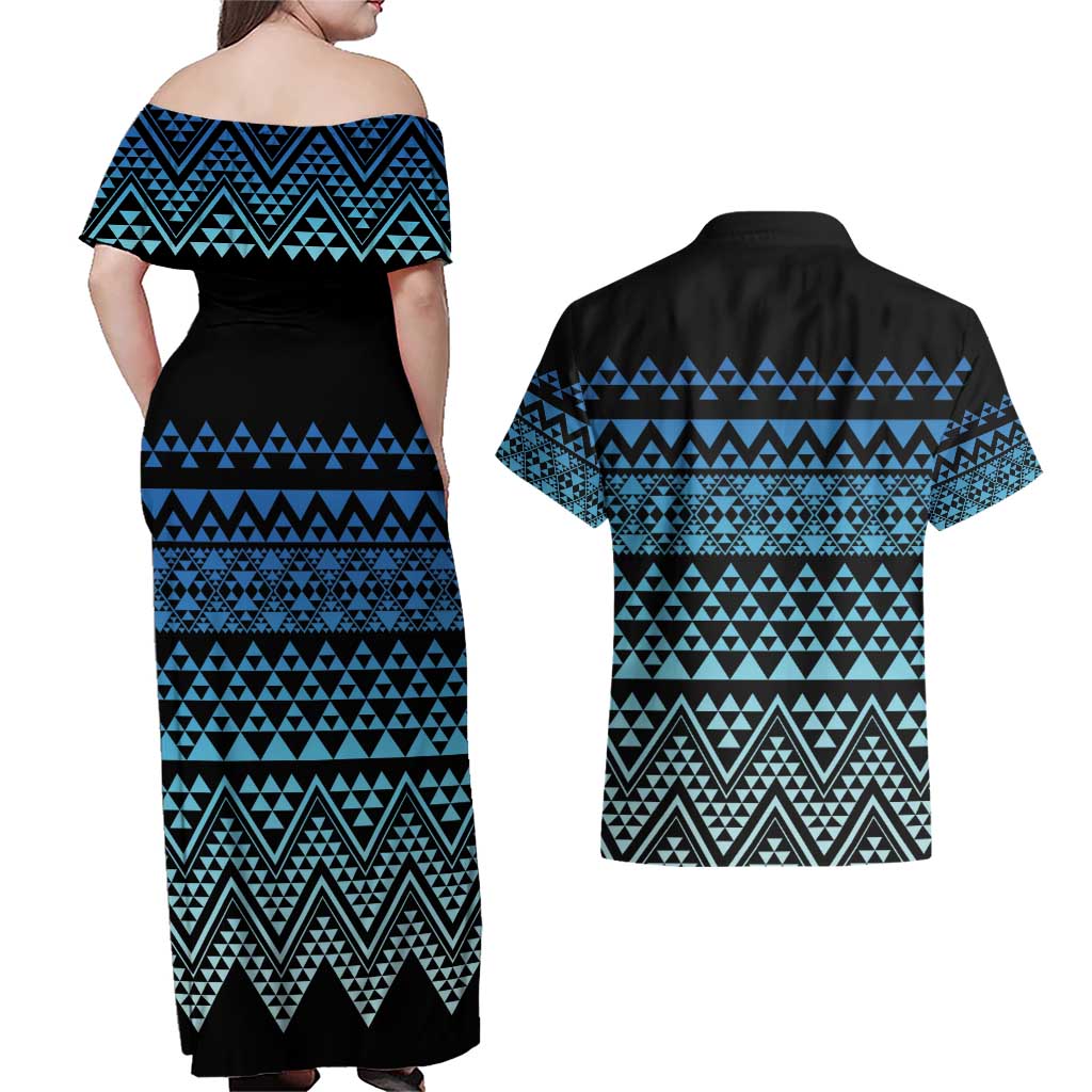 Maori Niho Taniwha Te Wheiao Couples Matching Off Shoulder Maxi Dress and Hawaiian Shirt Moana Blue - Polynesian Pride