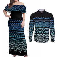 Maori Niho Taniwha Te Wheiao Couples Matching Off Shoulder Maxi Dress and Long Sleeve Button Shirt Moana Blue - Polynesian Pride