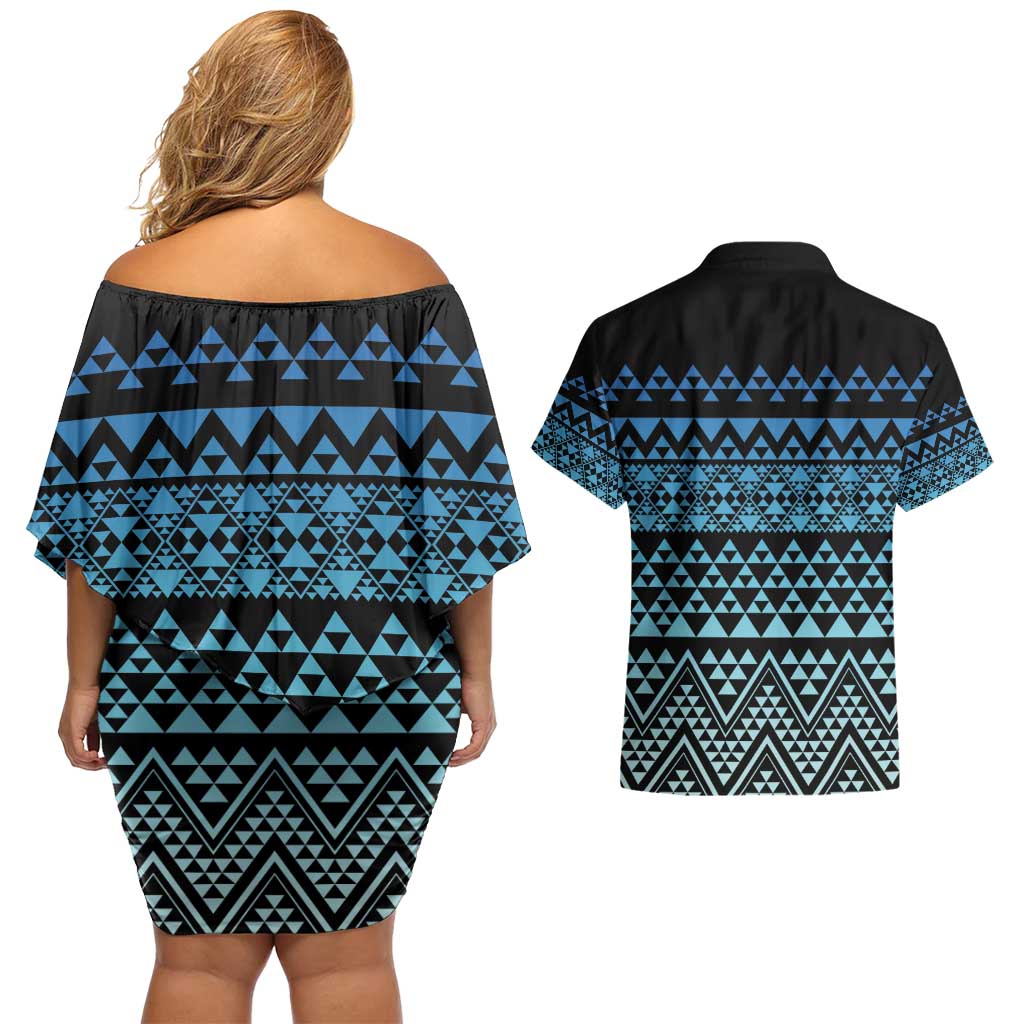 Maori Niho Taniwha Te Wheiao Couples Matching Off Shoulder Short Dress and Hawaiian Shirt Moana Blue - Polynesian Pride