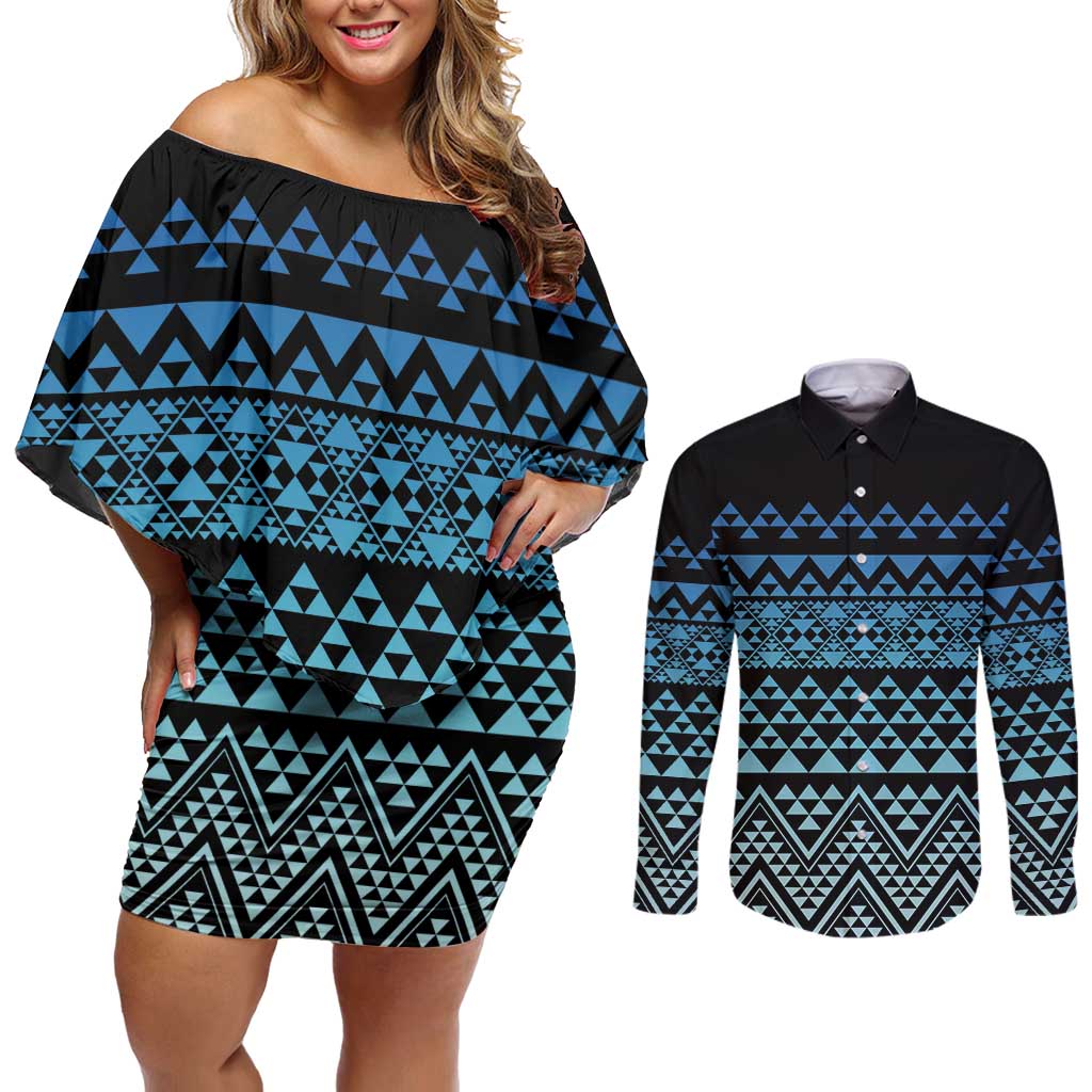 Maori Niho Taniwha Te Wheiao Couples Matching Off Shoulder Short Dress and Long Sleeve Button Shirt Moana Blue - Polynesian Pride