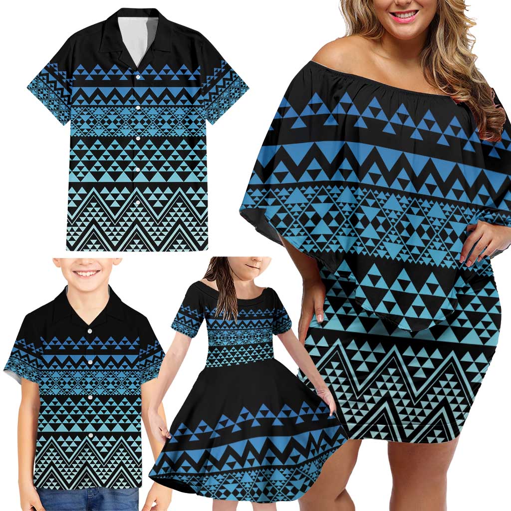 Maori Niho Taniwha Te Wheiao Family Matching Off Shoulder Short Dress and Hawaiian Shirt Moana Blue - Polynesian Pride