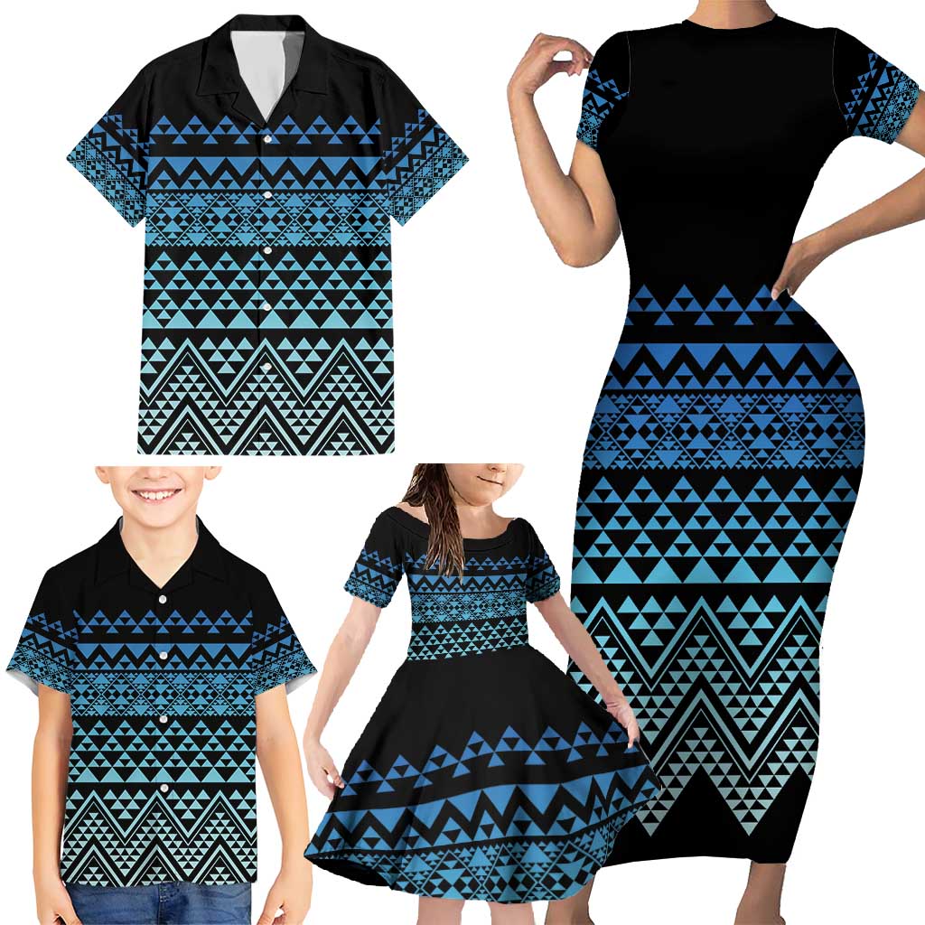 Maori Niho Taniwha Te Wheiao Family Matching Short Sleeve Bodycon Dress and Hawaiian Shirt Moana Blue - Polynesian Pride