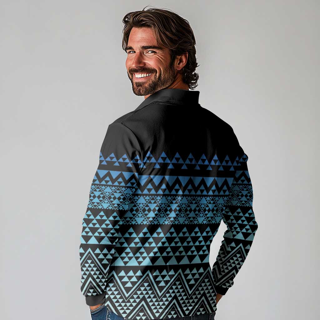 Maori Niho Taniwha Te Wheiao Long Sleeve Polo Shirt Moana Blue - Polynesian Pride