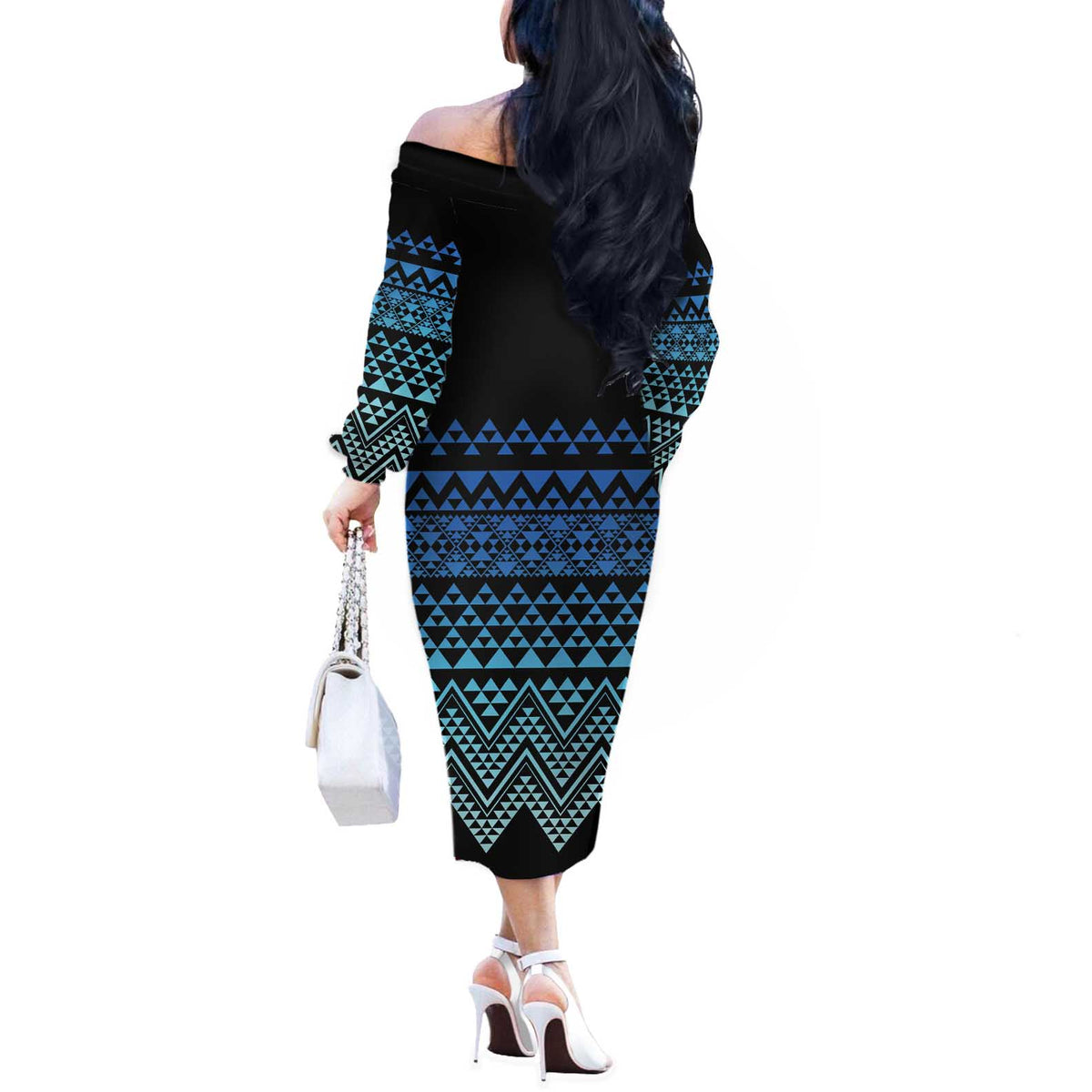 Maori Niho Taniwha Te Wheiao Off The Shoulder Long Sleeve Dress Moana Blue - Polynesian Pride
