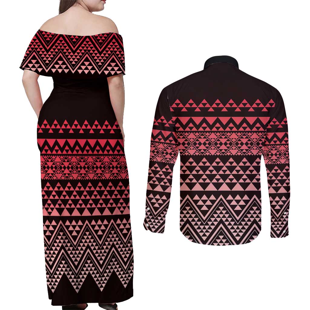 Maori Niho Taniwha Te Wheiao Couples Matching Off Shoulder Maxi Dress and Long Sleeve Button Shirt Terracotta - Polynesian Pride