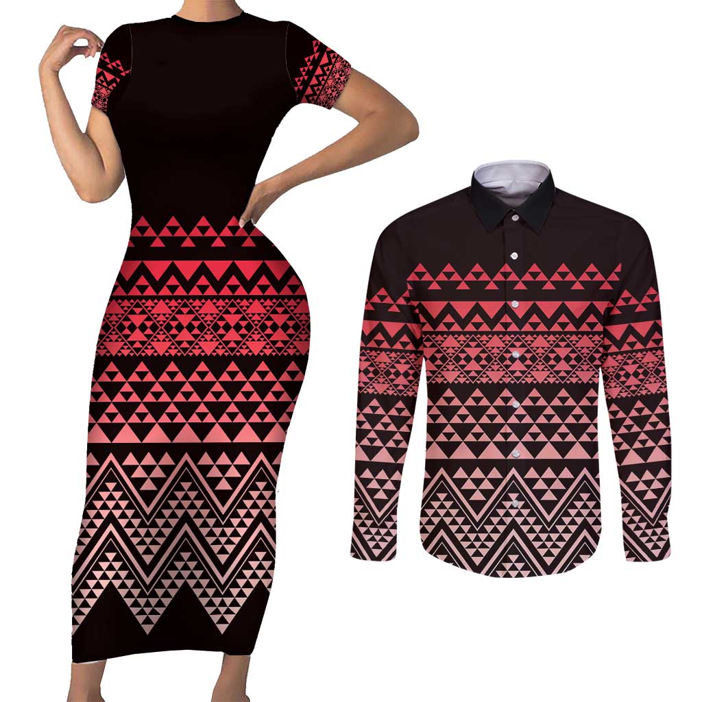Maori Niho Taniwha Te Wheiao Couples Matching Short Sleeve Bodycon Dress and Long Sleeve Button Shirt Terracotta - Polynesian Pride