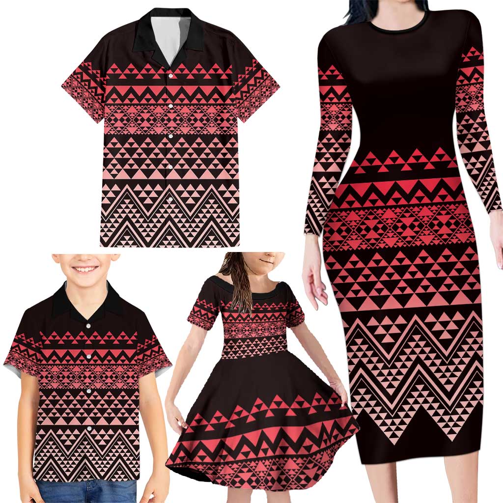 Maori Niho Taniwha Te Wheiao Family Matching Long Sleeve Bodycon Dress and Hawaiian Shirt Terracotta - Polynesian Pride