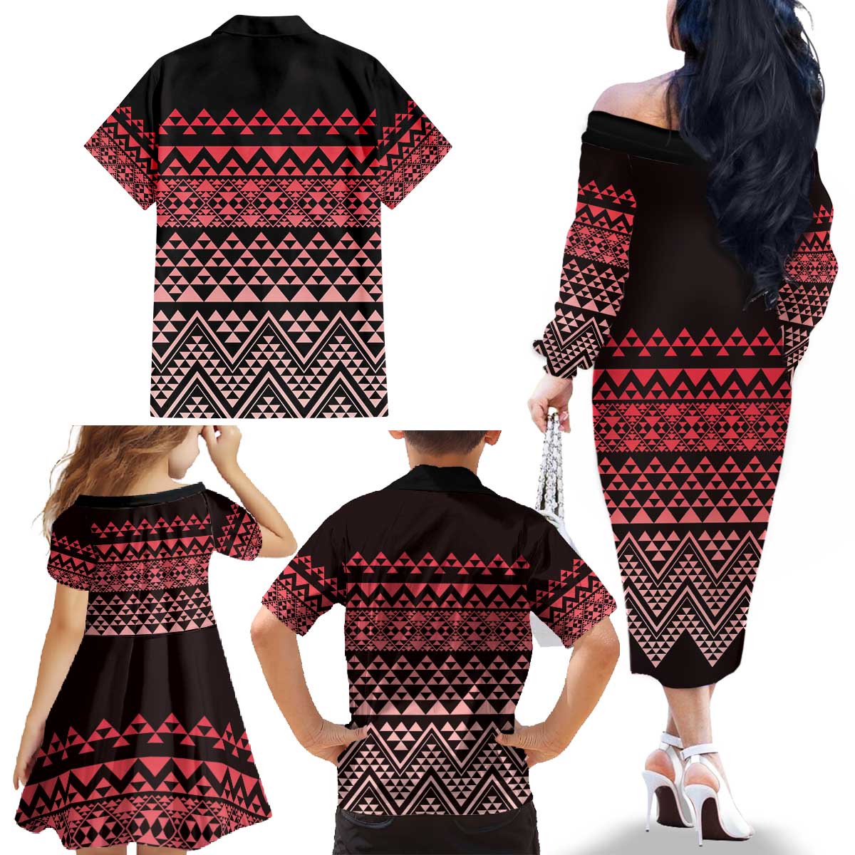 Maori Niho Taniwha Te Wheiao Family Matching Off The Shoulder Long Sleeve Dress and Hawaiian Shirt Terracotta - Polynesian Pride