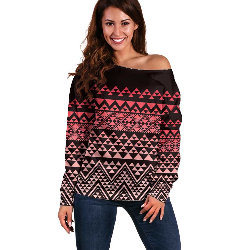 Maori Niho Taniwha Te Wheiao Off Shoulder Sweater Terracotta - Polynesian Pride
