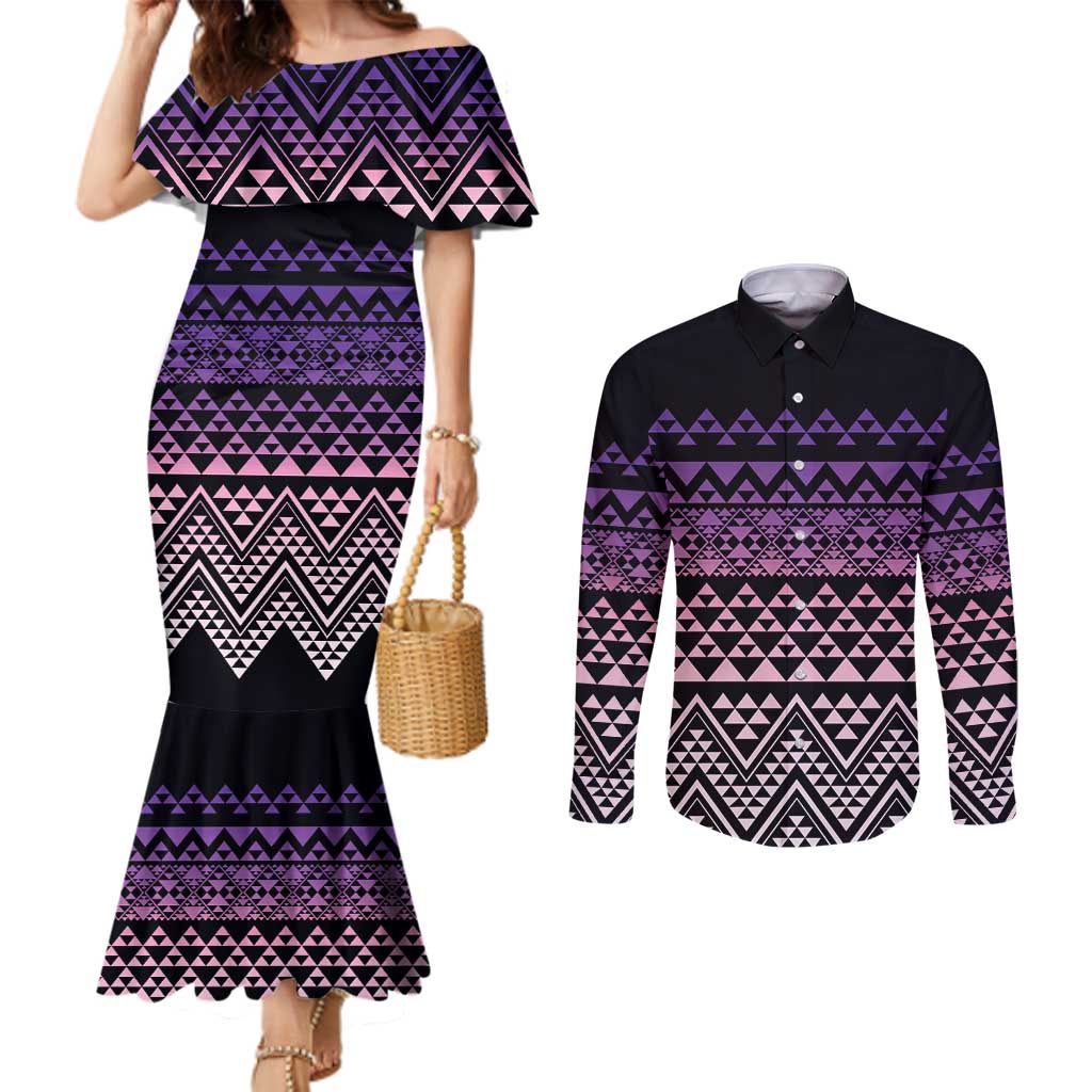 Maori Niho Taniwha Te Wheiao Couples Matching Mermaid Dress and Long Sleeve Button Shirt Waiporoporo - Polynesian Pride