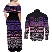 Maori Niho Taniwha Te Wheiao Couples Matching Off Shoulder Maxi Dress and Long Sleeve Button Shirt Waiporoporo - Polynesian Pride