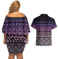 Maori Niho Taniwha Te Wheiao Couples Matching Off Shoulder Short Dress and Hawaiian Shirt Waiporoporo - Polynesian Pride