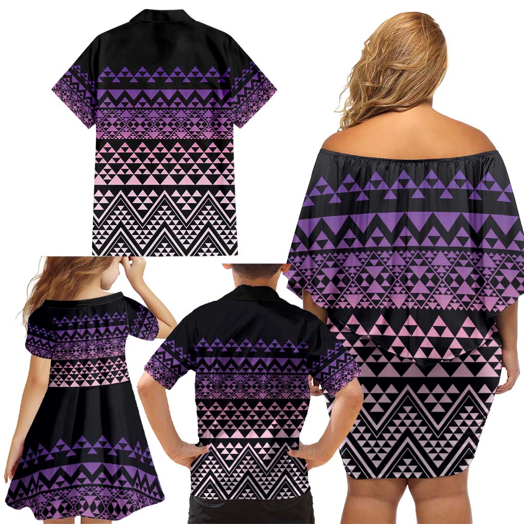 Maori Niho Taniwha Te Wheiao Family Matching Off Shoulder Short Dress and Hawaiian Shirt Waiporoporo - Polynesian Pride