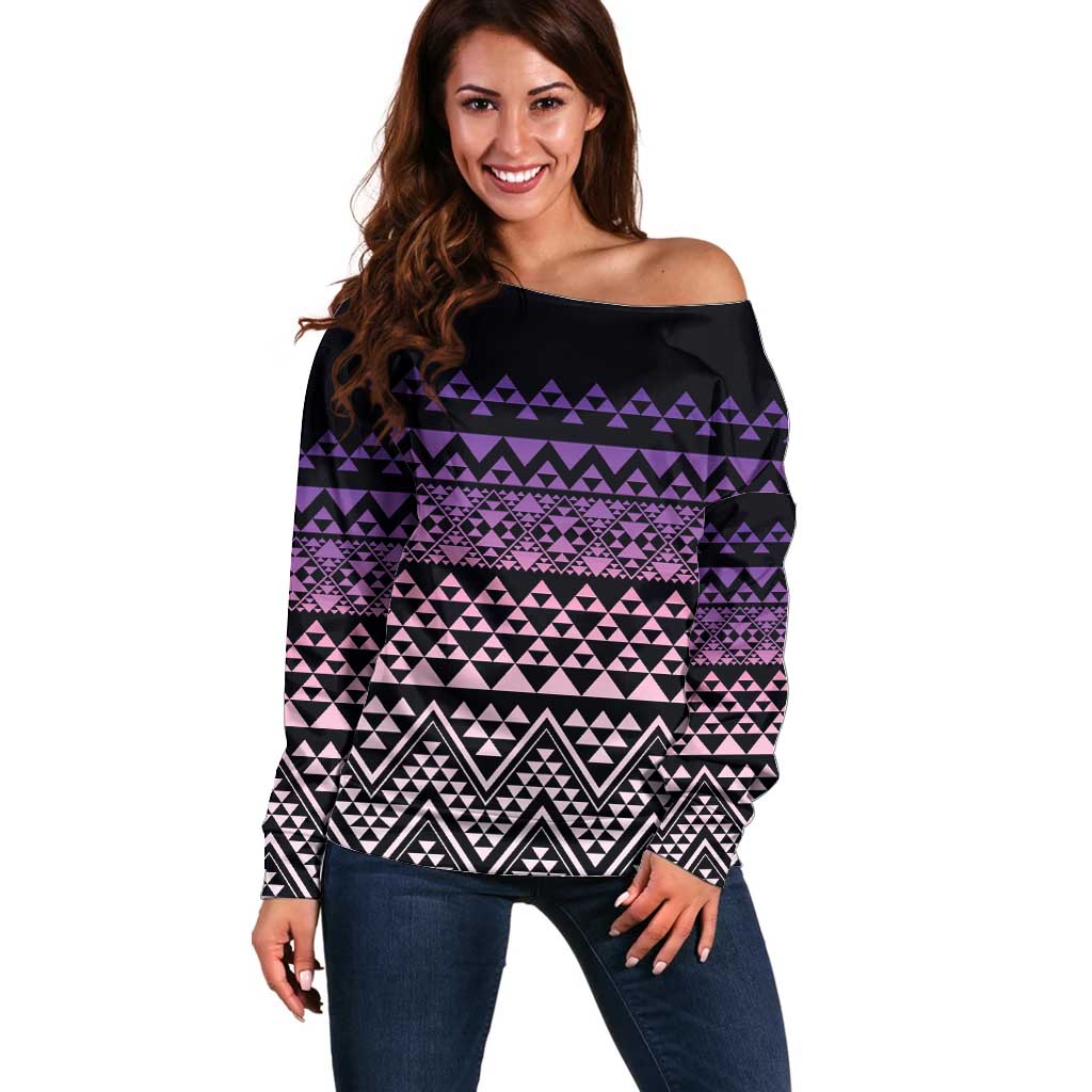 Maori Niho Taniwha Te Wheiao Off Shoulder Sweater Waiporoporo - Polynesian Pride