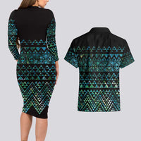 Maori Niho Taniwha Te Wheiao Couples Matching Long Sleeve Bodycon Dress and Hawaiian Shirt Paua Shell - Polynesian Pride