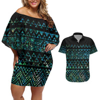 Maori Niho Taniwha Te Wheiao Couples Matching Off Shoulder Short Dress and Hawaiian Shirt Paua Shell - Polynesian Pride