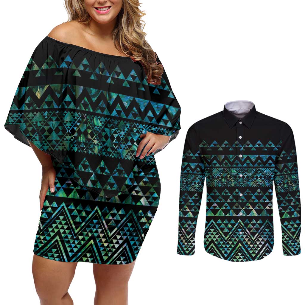 Maori Niho Taniwha Te Wheiao Couples Matching Off Shoulder Short Dress and Long Sleeve Button Shirt Paua Shell - Polynesian Pride