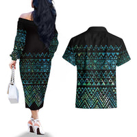 Maori Niho Taniwha Te Wheiao Couples Matching Off The Shoulder Long Sleeve Dress and Hawaiian Shirt Paua Shell - Polynesian Pride