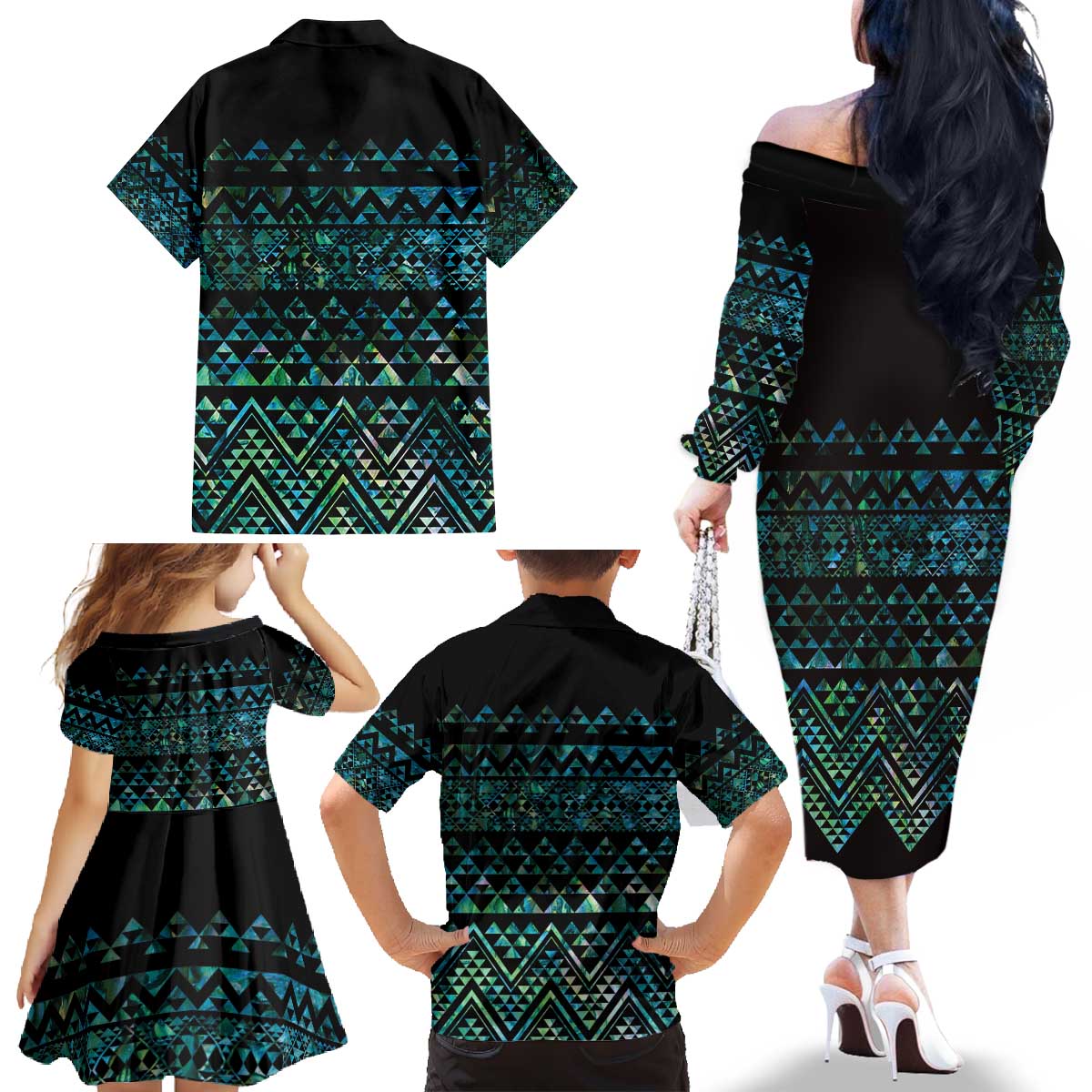 Maori Niho Taniwha Te Wheiao Family Matching Off The Shoulder Long Sleeve Dress and Hawaiian Shirt Paua Shell - Polynesian Pride